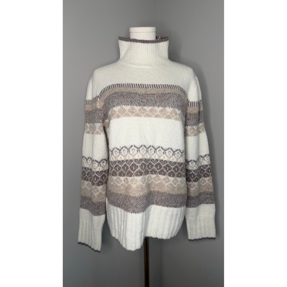 Max Studio Fair Isle Nordic Turtleneck Sweater L Ivory Taupe Cozy Winte